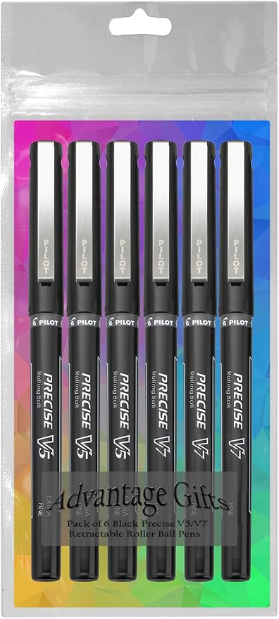 Precise V5/V7 Stick Rolling Ball Pens, Fine and Extra Fine Point, Assorted Points Black Ink, 6-pk; Bundle with Plastic Reusable Pouch