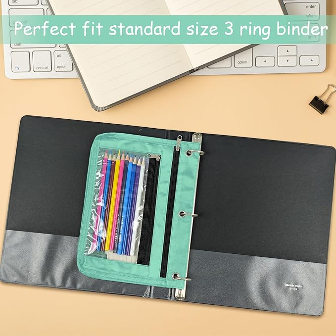 YoeeJob 1 Pack Pencil Pouch for 3 Ring Binder, Expandable Binder Pouches with Zipper, Large Capacity Pen Holder Case with Clear Window School Class Office Organizers, Lake Blue