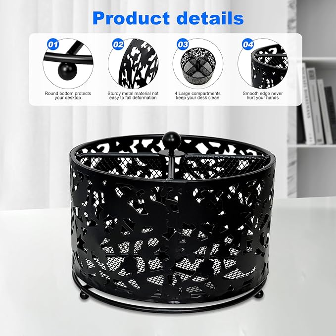 360 Degree Rotate Pen Holder for Desk Mesh Desk Pen Organizer Pencil Holder Large Capacity Accessories & Workspace Organizers for School,Home (Black bird lace pattern, No hook)