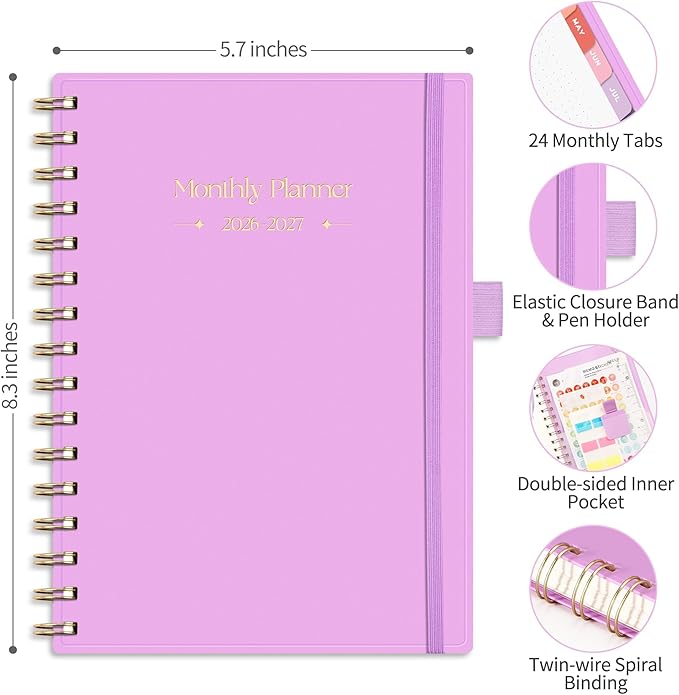 RETTACY 2026-2027 Monthly Planner, Jan 2026 - Dec 2027, Medium Size (5.7" x 8.3"), Agenda, Calendar, 24 Month Tabs, Flexible Plastic Cover, 100 GSM Thick Paper, Spiral-bound (Lilac)