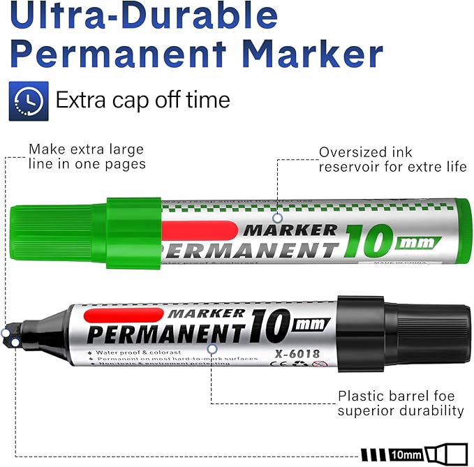 Thenshop 24 Pack Jumbo Size Permanent Markers Bulk Permanent Marker Set Chisel Tip Pens Waterproof for Industrial Use Work on Wood Metal Plastic Stone Glass(Black, Blue, Red and Green)