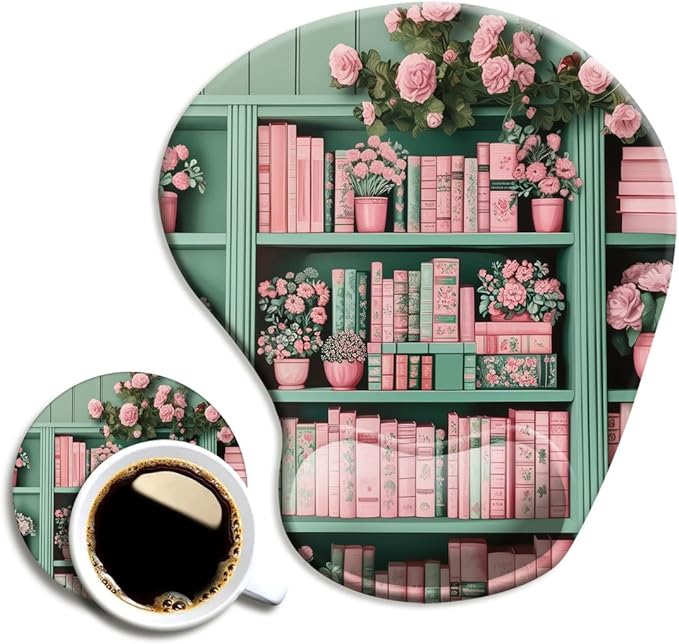 Ergonomic Mouse Pad with Wrist Support,Mouse Pad with Wrist Rest and Coaster Set,Office Supplies Non-Slip Mouse Pads for Desk, Non-Slip Comfortable,Book Floral