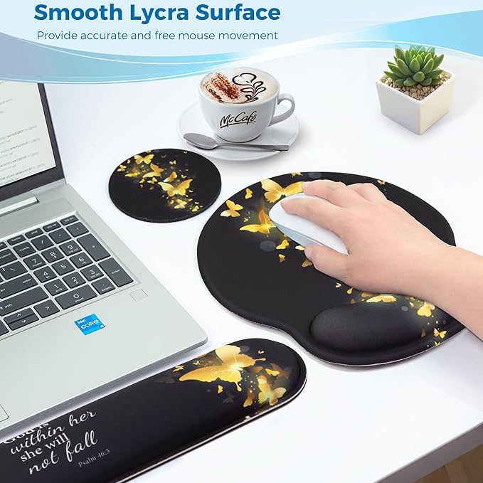 Mouse Pad and Keyboard Wrist Rest Support, with Non-Slip PU Base,Gel Mouse Pad with Coaster,Pain Relief for Gaming, Computer,Office -Golden Butterflies