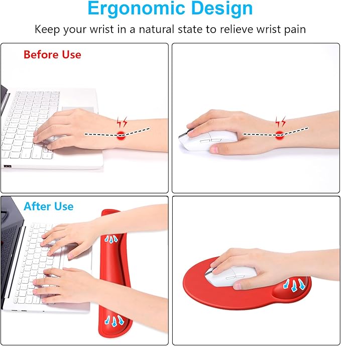 Dapesuom Keyboard Wrist Rest and Mouse Pad with Wrist Support, Cute Memory Foam Cushion for Keyboard and Mouse Set, Ergonomic Desktop Pad Rests with Non Slip Base for Easy Typing & Pain Relief, Red