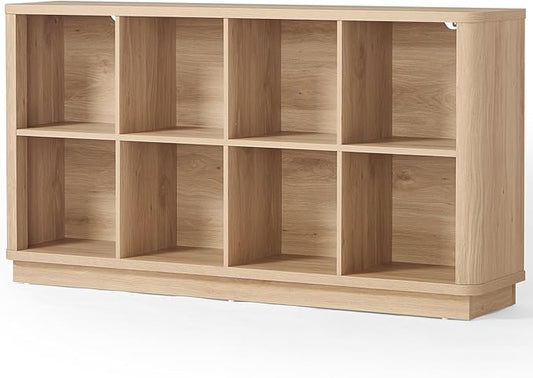 8 Cube Storage Book Shelf, 52" Long Horizontal Bookshelf with Curved Edge, Floor Standing Wooden Cubby Bookcase with Base, Modern Low Console Book Case, TV Stand for Living Room, Natural Oak