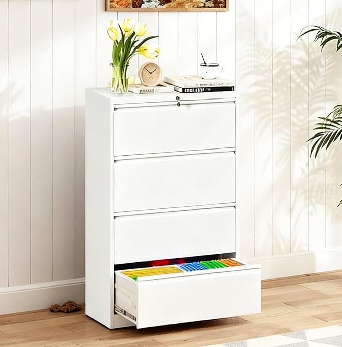 4-Drawer Lateral File Cabinet with Lock, Black Metal Filing Cabinet for Office or Home – Secure Storage for Letter/Legal/A4/F4 Documents, Easy to Assemble Locking File Organizer (White, 4 Drawer-52"H)