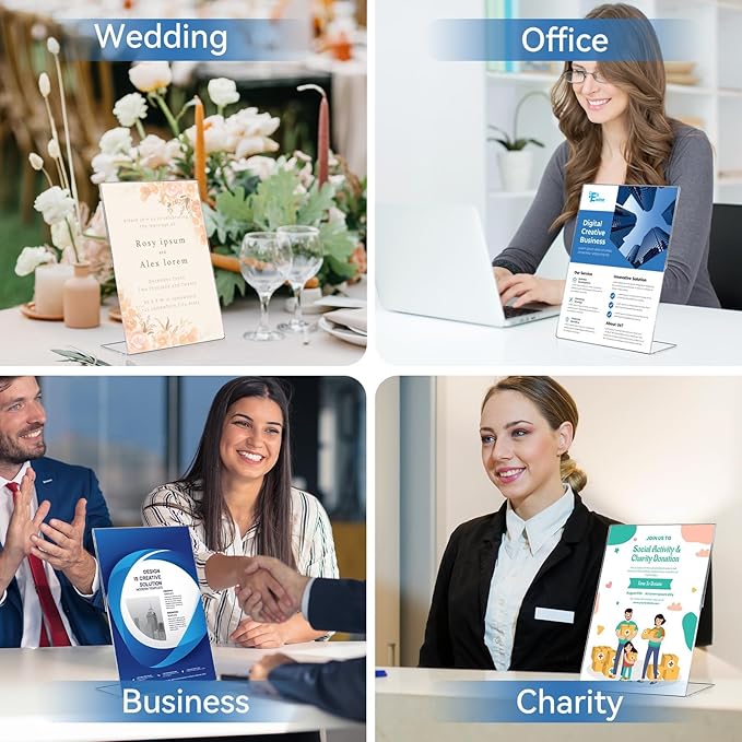EHWINE 6 Pack 8.5 x 11 Acrylic Sign Holder, Clear Plastic Signs Display Stand, Vertical Slanted Back Paper Holder Stand up Table Top Sign Holders Flyer Stand Frames Suitable for Office Business Store
