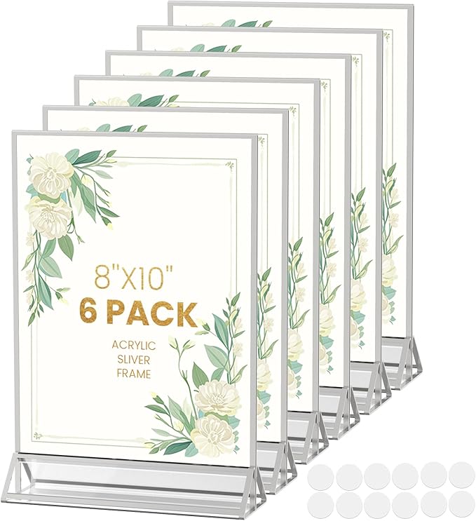 8X10 Sliver Picture Frames Acrylic Sign Holder Double-Sided 8X10 Sliver Frames for Menu Holder Wedding Table Number Holder Christmas Photo Frames with Clear Sticky Dots -6 Pack