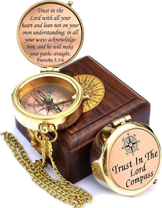 Trust in The Lord With All Your Heart - Proverbs 3:5-6 Quote Engraved Compass With Wooden Box, Greeting Card, Gift Compass, Graduation Day Gifts 2024 for Women Men Boys Girls