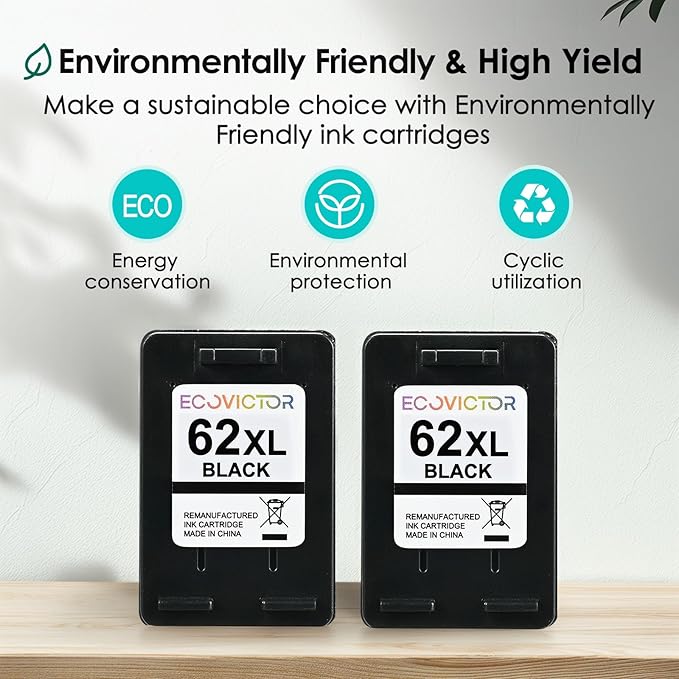 EcoVictor Remanufactured 62XL Ink Cartridges (2 Black) Compatible for HP Ink 62 62XL HP62 for Envy 5540 5542 5545 5640 5642 5660 5665 7640 7645 OfficeJet 5740 5742 5745 8000 8040 200 250 Printer 62 XL