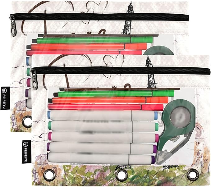 ZAZYXTJ Eiffel Tower Binder Pencil Pouchs 3 Ring with Zipper Clear Window Office Organizers bag for School Students Teacher Supplies 2 Pack