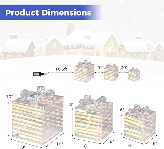 Tangkula Set of 3 Christmas Lighted Gift Boxes, Pre-lit 90 LED Light Up Present Box Decorations with Bows and Plug, Indoor Outdoor Xmas Boxes for Christmas Tree, Holiday Party Decorations