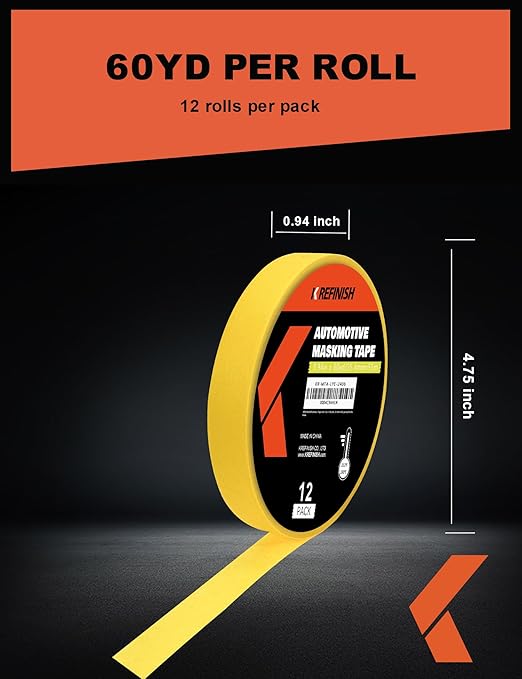Painters Tape for Cars Vehicles Paint Tape Auto Body Yellow Masking Tape Heat Resistant Automotive Removable No Residue Painting Tape Bulk Set for Paint Booth, 0.94in-60 yards/12rolls