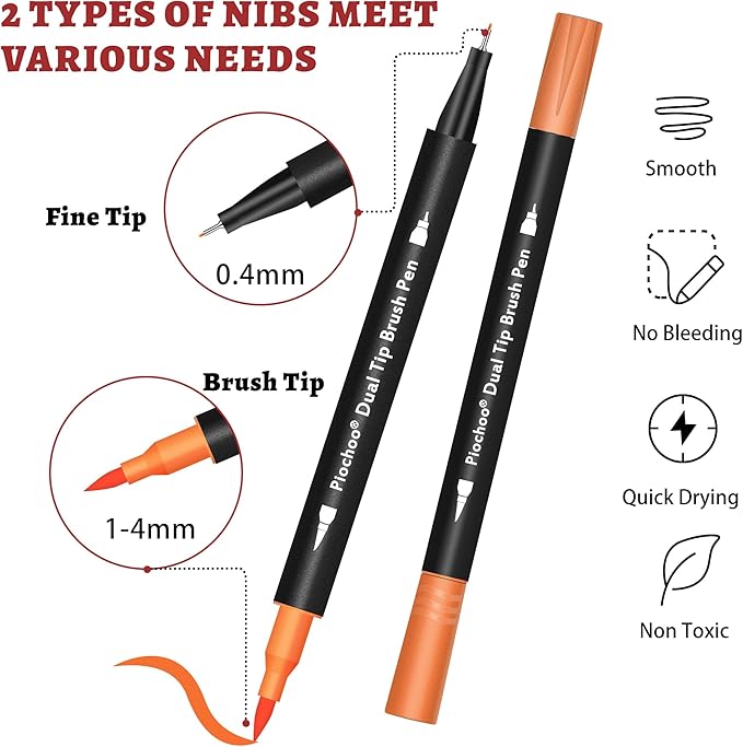 Coloring Markers Pens, 34 Dual Tip Brush Pens, Fine Point Marker set for Kids Adult Coloring Book, Bullet Journaling, Drawing