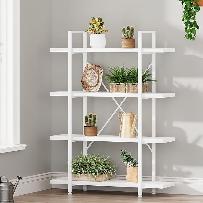 HSH 4 Tier White Bookshelf, Modern 4 Shelf Etagere Bookcase, Industrial Wood and Metal Storage Shelves and Display Book Rack, Farmhouse Open Wide Book Shelf for Bedroom Living Room Office, White Oak