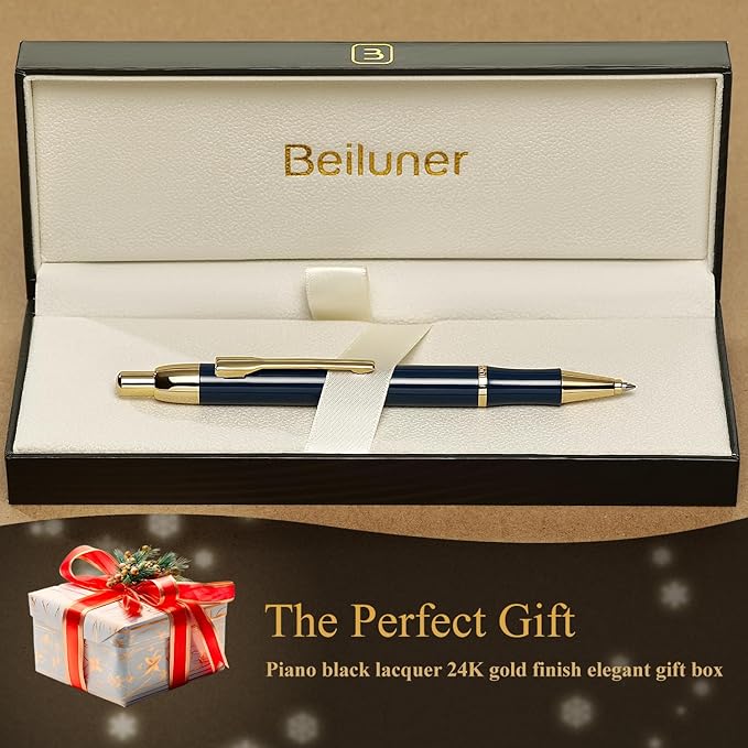 BEILUNER Luxury Gel Pen with 24K Gold Electroplating Finish, Blue Piano Lacquer, Luxury Grade Craftsmanship, Best Gel Pen Gift Set for Men and Women