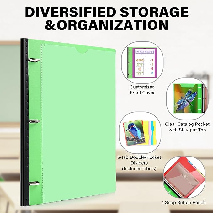 WOT I Telescoping Project Organizer, Refillable Binder with Dividers and Pockets, 13 Pocket Folders, 1 Inch 3 Ring Binder, Green