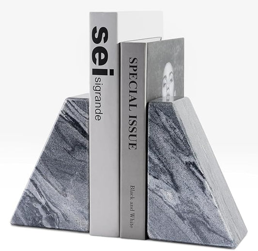 Marble Bookends for Heavy Books, Decorative Book Ends for Shelves, Unique and Heavy-Duty Book Ends for Hardback Book & CDS, Stone Book Stopper, Modern Book Holder, Monte Grigi, Set of 2