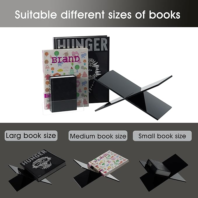 Large Clear Acrylic Book Stand - Perfect for Displaying Open Books on Your Coffee Table - Ideal for Bibles, Cook Books, Guest Books, Magazines, Each with a Lucite Paperweight (Black-Large)