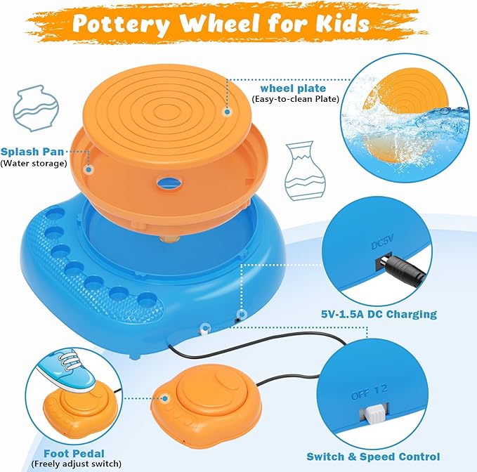 TingingYuli Pottery Wheel for Kids,Complete Pottery Kit and Tools for Beginners,Arts and Crafts Toys for Kids Ages 8-12,Art Supplies Birthday Gifts for Boy Girl Age 6 7 8 9 10 11 12 (Yellow/Blue)