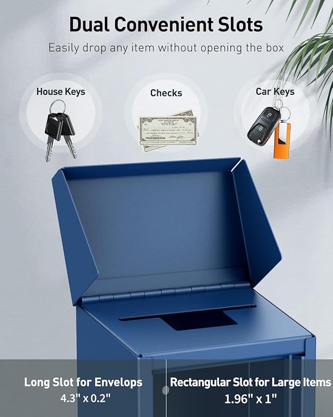 Uniclife Key Drop Box for Outside, Blue Metal Donation Box Collection Boxes with Key Lock, Safe Suggestion Boxes, Wall Mounted Mailbox with Top Slot, Steel Cash Drop Chest for Office Business