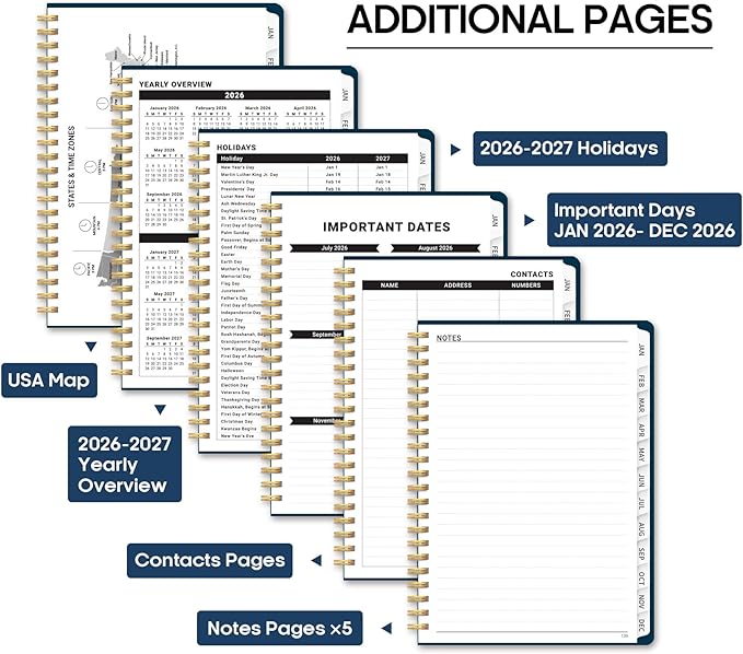 2026 Planner, Weekly and Monthly Calendar Planner Book, January 2026 - December 2026, Hardcover Spiral Planner with Monthly Tabs, Notes Pages, Perfect for Women & Men, A5 (6.4" x 8.5") - Navy
