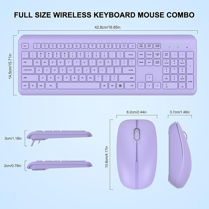 Wireless Keyboard and Mouse Combo, Full Size Silent Ergonomic Keyboard and Mouse, Long Battery Life, Optical Mouse, 2.4G Lag-Free Cordless Mice Keyboard for Computer, Mac, Laptop, PC, Windows(Purple)
