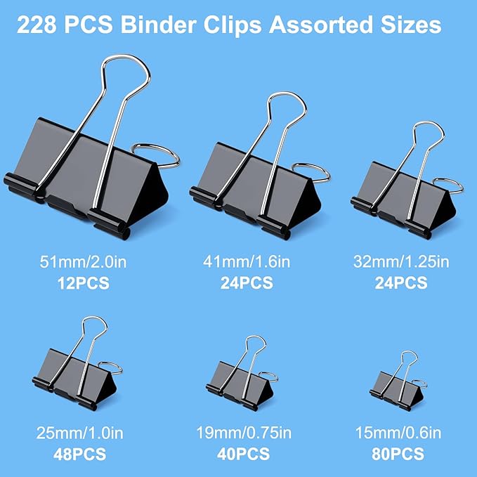 228 PCS Binder Clips Paper Clamps Assorted Sizes,Extra Large Medium Small Mini and Micro,Black Metal Paper Binder Clip 6 Sizes for Office, Home and School