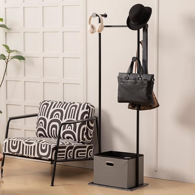 Coat Rack Freestanding with Storage Basket Heavy Duty Clothes Rack Marble Base Modern Coat Stand for Bedroom Living Room Hotel 13.39" D x 19.69" W x 68.9" H (Black)