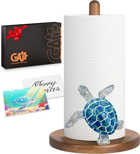 Turtle Paper Towel Holder Countertop, 3D Modern Marine Kitchen Counter Decor, Cute Resin Turtle Wooden Stand for Bathroom & Home Indoor Table, Winter Xmas Gift for Women, Housewarming Gifts, Blue