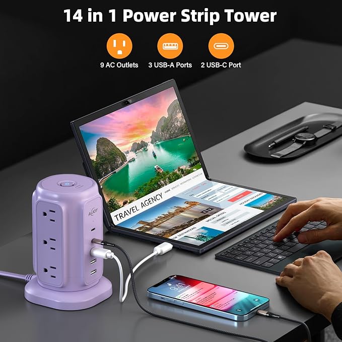 AiJoy Power Strip Tower with 9 Outlets and 5 USB Ports (2 USB C), 1200J Surge Protection, 1625W Flat Plug Extension Cord with Multiple Outlets Extender for Dorm Home Office Supplies, Purple