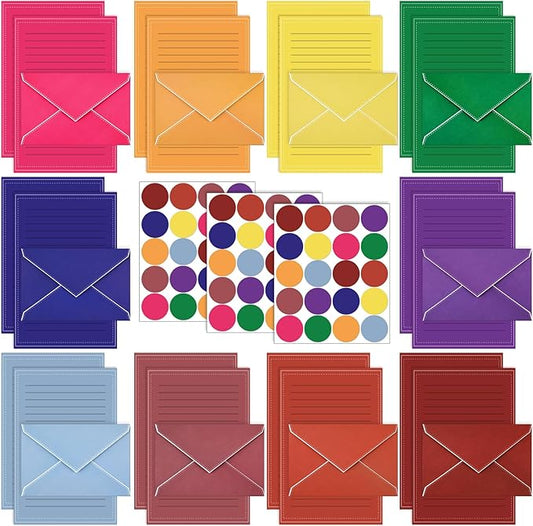 TaoBary 160 Packs Stationery Paper Set (50 Double Sided Stationery Writing Papers 50 Matching Envelopes) 60 Round Dot Sticker, 10 Design (Bright Color)