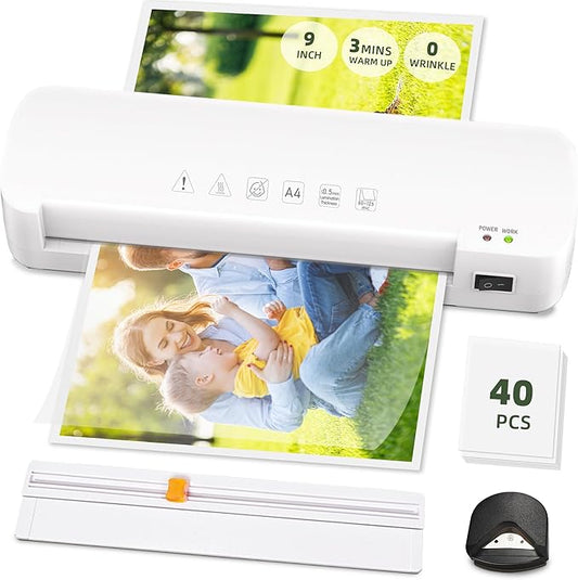 Laminator Machine with 40 Laminating Sheets, Thermal Laminator with Paper Trimmer & Corner Rounder, Laminating Kit for Home Office School and Class, White