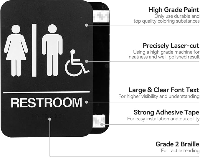 2PCS Self-Adhesive Business Restroom Sign,ADA Compliant Braille Unisex Bathroom Sign,Public Restroom Sign,Size: 9"" X 6""., Balck
