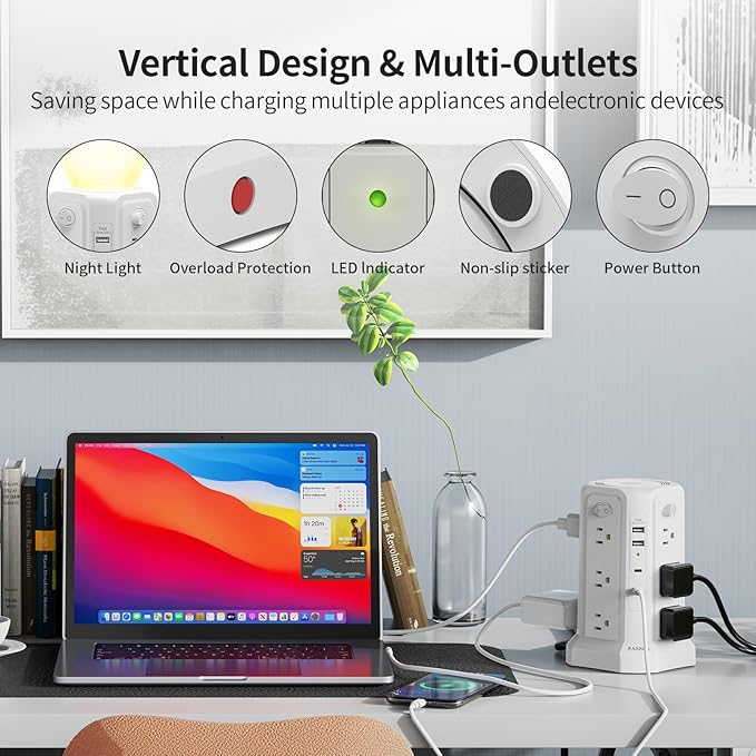 Long Surge Protector Power Strip 16 FT Cord, PD20W USB C Power Strip Tower with Night Light, Extension Cord with Multiple Outlets with 4 USB Ports, PASSUS Charging Station Home Office Essentials White