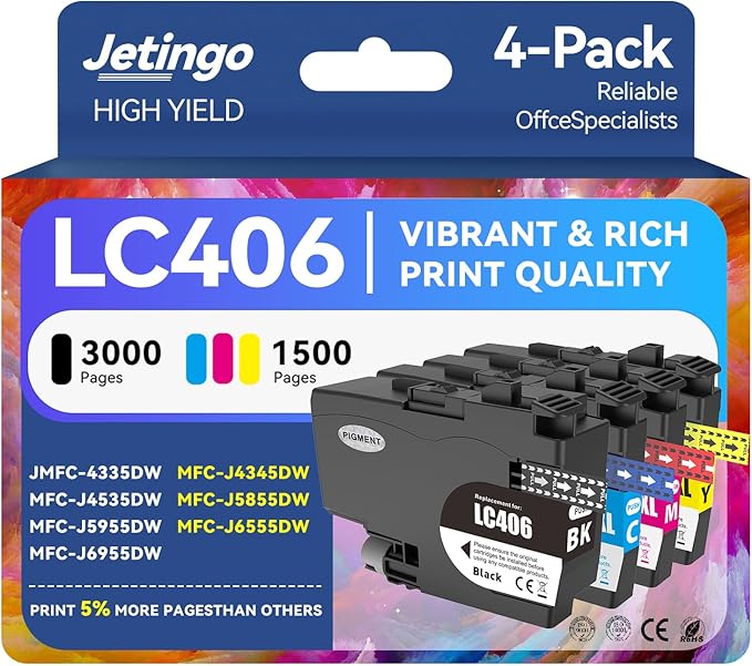 LC406 Ink Cartridges for Brother Printer Compatible with Brother MFC- J4335DW MFC-J5855DW MFC-J4535DW MFC-J6555DW MFC-J6955DW MFC-J5955DW Printer 4 Pack High Yields Black Cyan Magenta Yellow