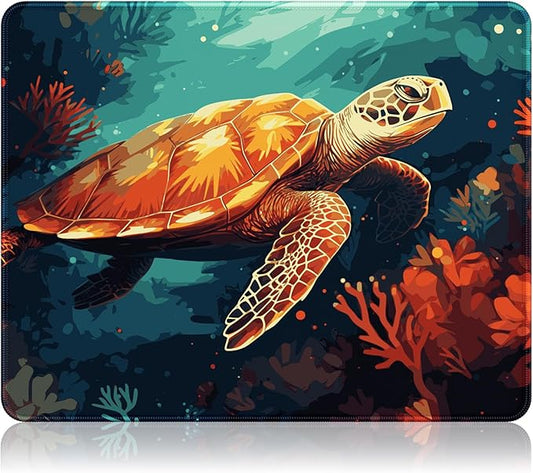 Auhoahsil Mouse Pad, 12 x 10 in Animals Theme Computer Mouse Pad for Desk, Premium-Textured Non-Slip Rubber Stitched Edges Waterproof Square Mouse Mat for Gaming Work Wireless Mice, Coral & Turtle