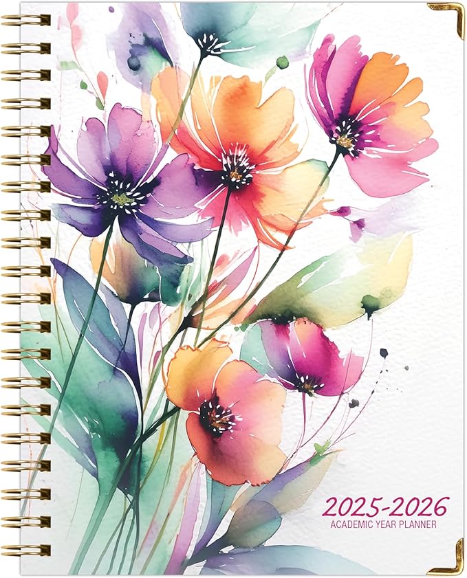 HARDCOVER Academic Year 2025-2026 Planner: (June 2025 Through July 2026) 8.5"x11" Daily Weekly Monthly Planner Yearly Agenda. Bookmark, Pocket Folder and Sticky Note Set (Rainbow Floral)