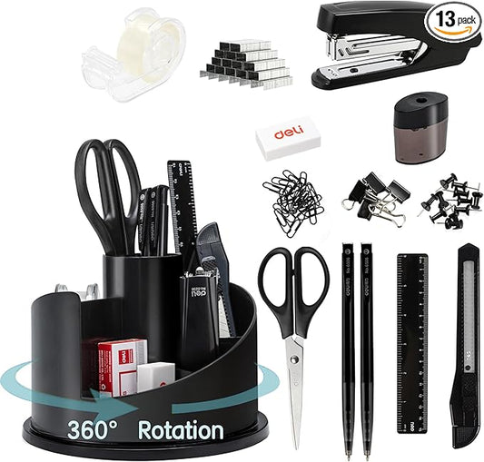 deli Office Supplies Set, 1045 Pcs-Desk Accessory Organizer Kit, Stapler Set, Rotating Multi-Functional Pen Holder, Tape Dispenser, Pens, Binder Clips, Sharpener, Scissor, Eraser, Black