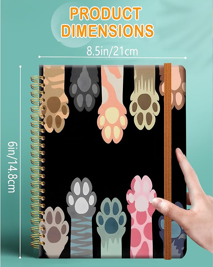 Ruled Spiral Writing Notebook,A5 Hardcover Lined College Journal for Women Lady,Fashion Puppy Watercolor Strong Twin-Wire Binding with Premium Paper,8.4" X 6",Perfect for School,Office,Home Gifts(Cat Animals Paws)