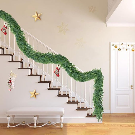 16 Ft Christmas Cedar Garland for Staircase Railing Real Touch Soft Bendable Faux Winter Xmas Greenery Pine Garlands Mantle Garland for Decoration for Window Fireplace Door Railing Wall Home Decor