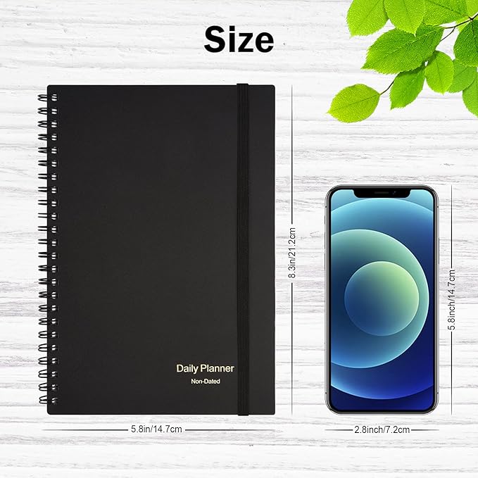Daily Planner Undated, Asten to Do List Notebook Hourly Schedules Spiral Appointment Planner for Men and Women,PVC Hardcover,Elastic Closure, Inner Pocket 8.3" x 5.8" (Black, 2 Pack)