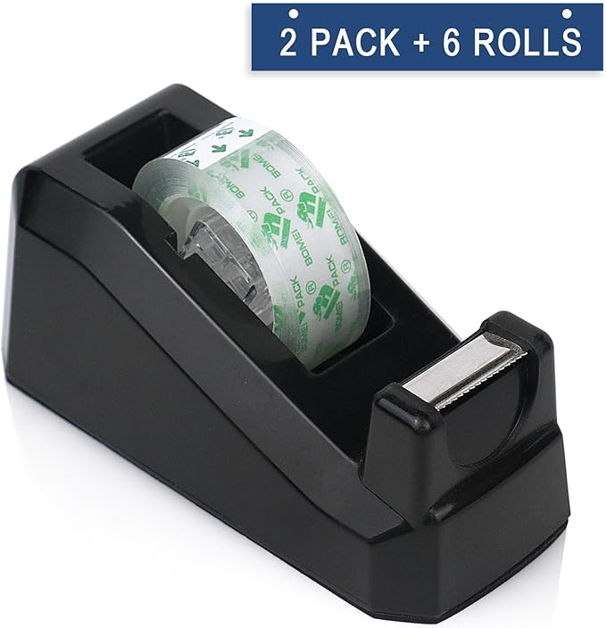 BOMEI PACK Transparent Tape Dispensers Desk, 2 Pack Black with 6Rolls Transparent Tape, 1 Inch Core, for Gift Wrapping, School, Office and Home