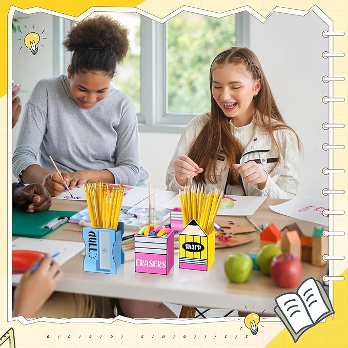 3 Pcs Sharp and Dull Pencil Holder Eraser Buckets Wooden Shaped Dispenser Finished Pen Holder No DIY for Back to School Teachers Classroom Management(Plain)