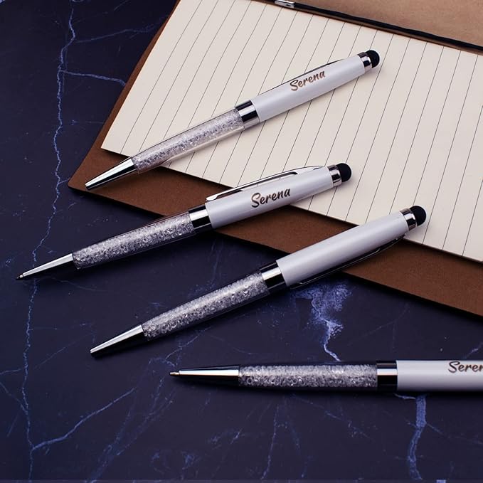 Ancolo Custom Personal Office Pens with Stylus Tip - Quality pens Fine point -Engraved Team Name, Phone Number, Slogan Perfect for Bank, Office, Hotel Lobbies (White) 10PCS/Pack