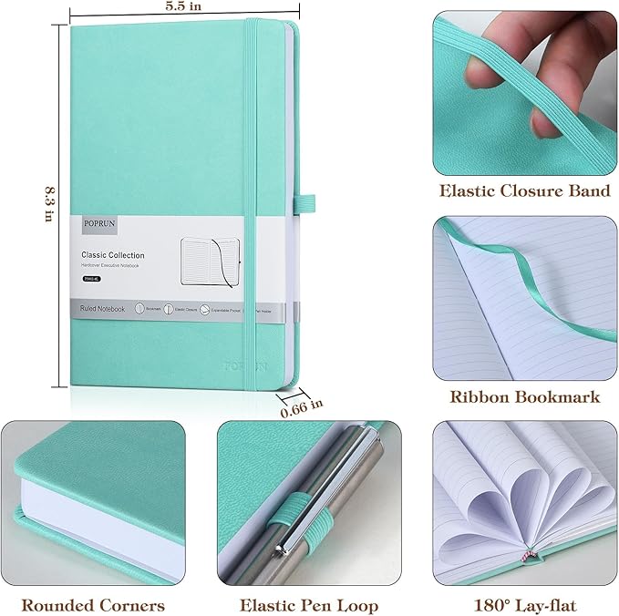 POPRUN A5 Lined Journal Notebooks, Leather Hardcover Thick Notebook for Writing, Business Work, Travel, School, College, Christmas, 5.5 x 8.3 inch, 240 Pages Classic Ruled Journals Notepad, Red