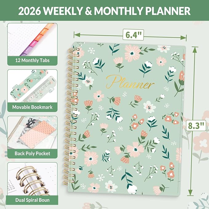 SUNEE 2026 Weekly and Monthly Planner - January 2026-December 2026, 6.4" x 8.3" Half Weekly Half Note, Daily Agenda Planner with PVC Waterproof Cover, Monthly Tab, Note, Pockets, Bookmark, Wildflowers
