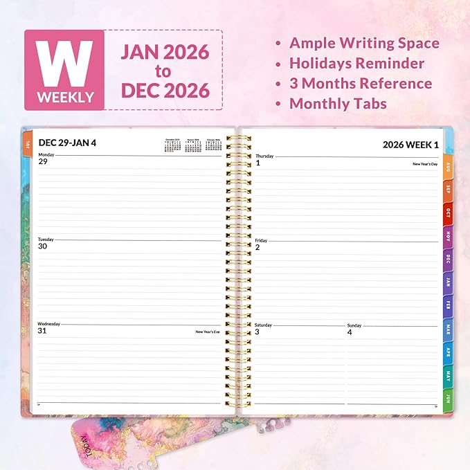 SUNEE 2026 Weekly and Monthly Planner - from January 2026 - December 2026, 8.5"x11" Daily Agenda Planner with Monthly Tab, Flexible Cover, Note Pages, Pockets, Bookmark, Spiral Binding, Pink Marble