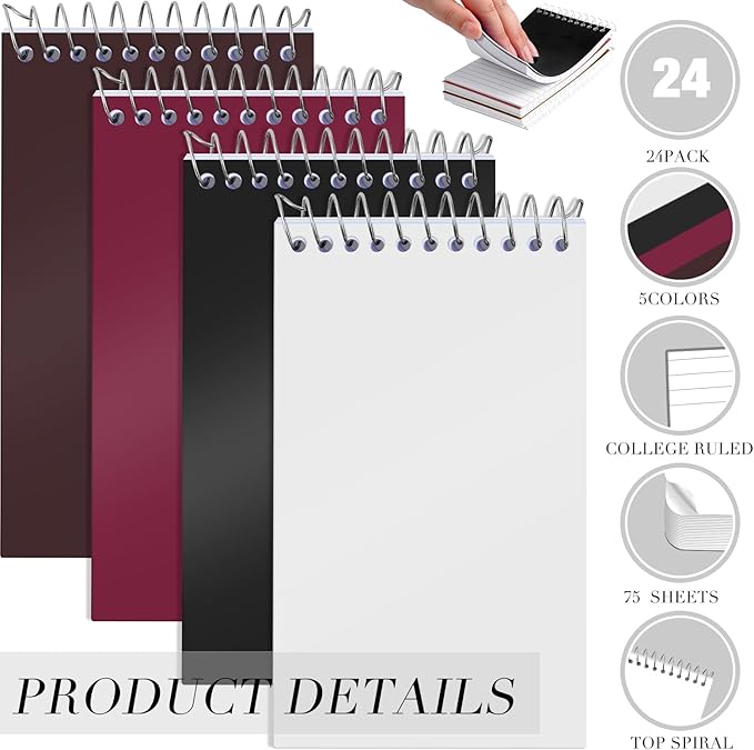 Leinuosen 24 Pcs Spiral Memo Pads 3x5 Inch 75 Sheets College Ruled Small Pocket Notebooks Little Mini Notepads Bulk Top Bound Lined Note Pads for Home School Office Travel Work (Classic Color)