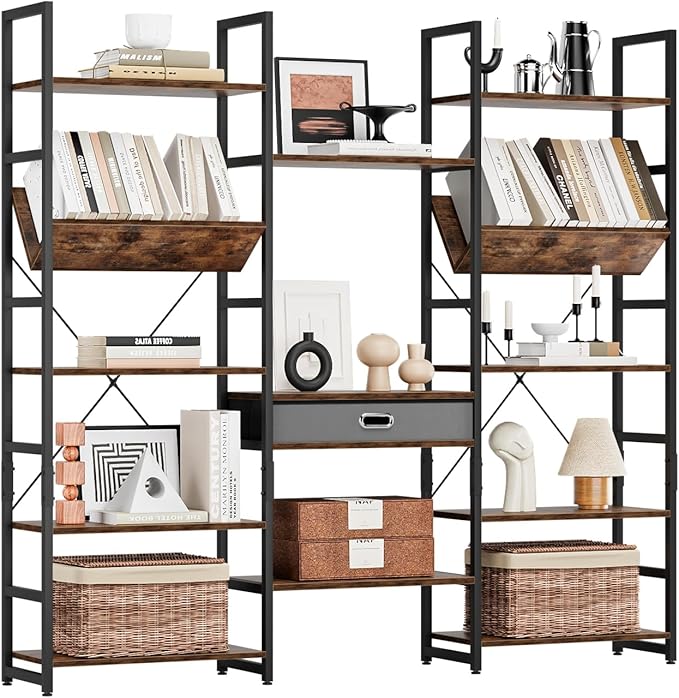 NUMENN Bookcases and Bookshelves Triple Wide 5 Tier Bookshelf, Large Etagere Bookshelf with Storage Drawer, Adjustable Open Display Shelves for Living Room Bedroom Home Office, Vintage Brown